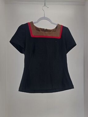 LOFT Set Black Short-Sleeve Top with Brown Inset and Red Trim An Matching Skirt